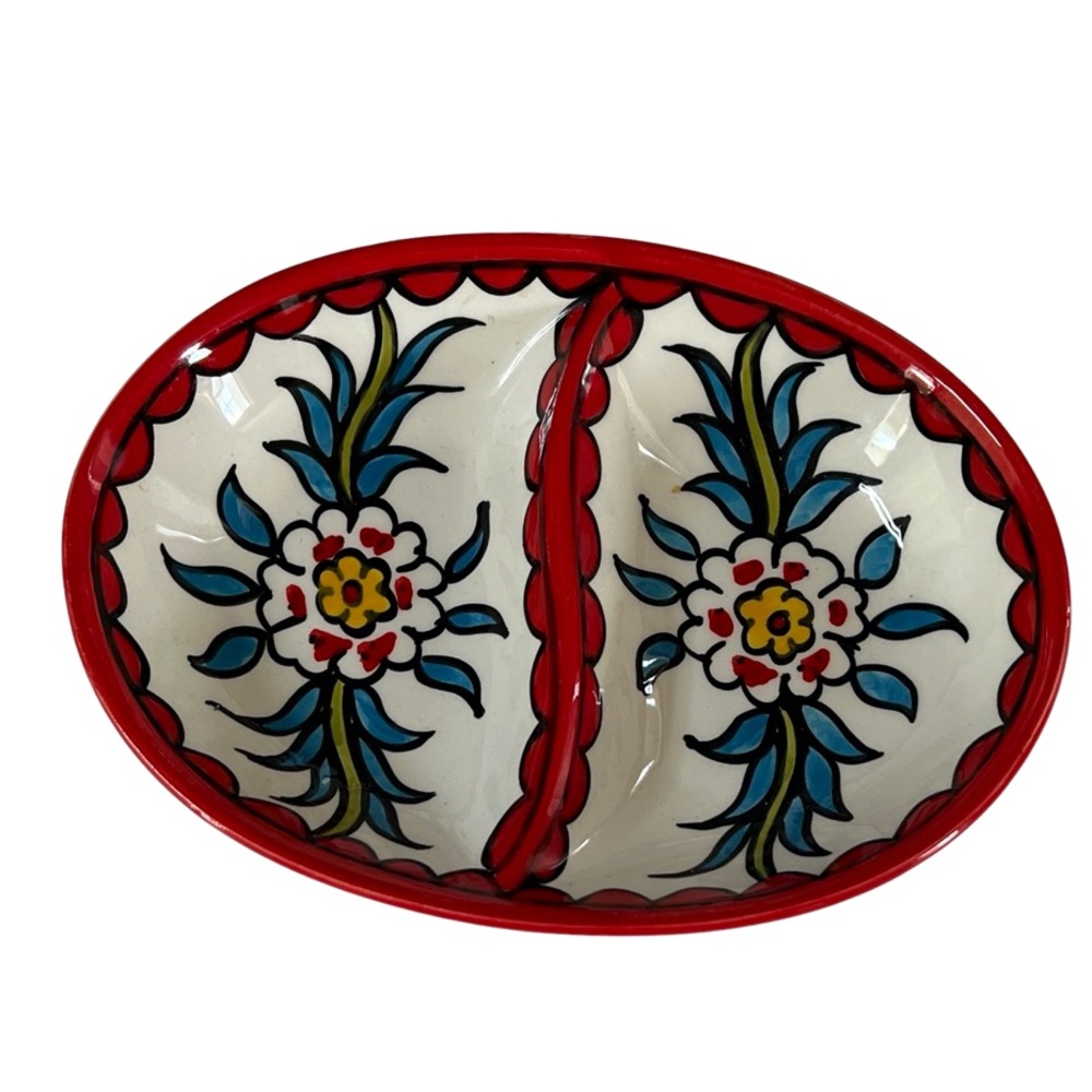 Serrv Red‎ West Bank Ceramic Divided Snack Dish Small Bowl Floral Motif